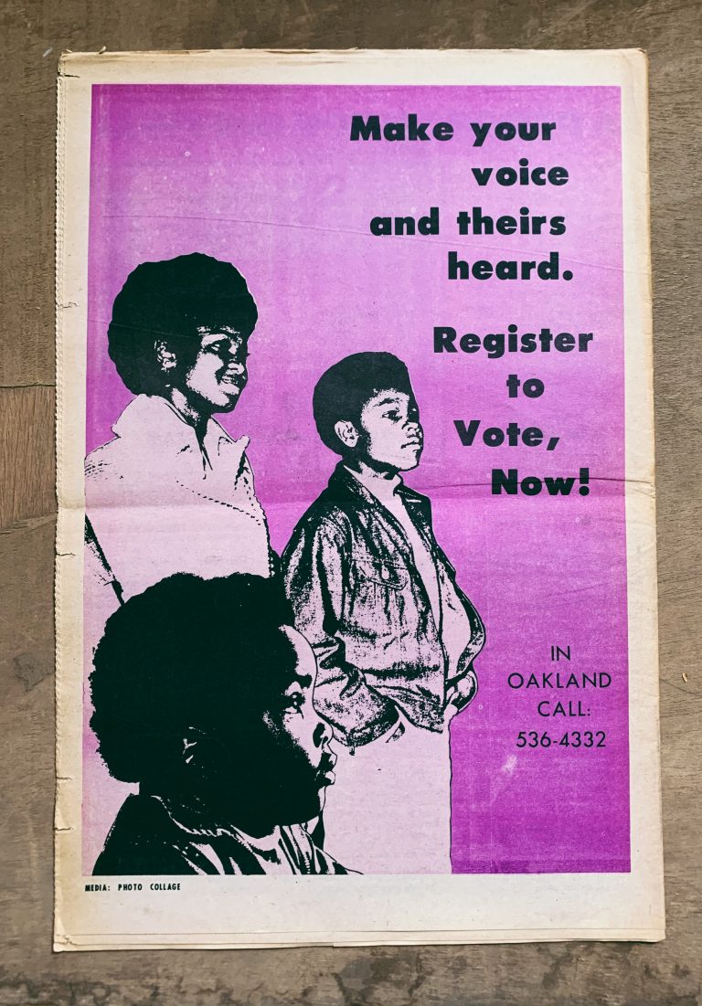 A graphic collage illustrates two Black women and a young Black boy in profile against a purple background. To their right, text reads "Make your voice and theirs heard. Register to vote, now! In Oakland call: 536-4332"