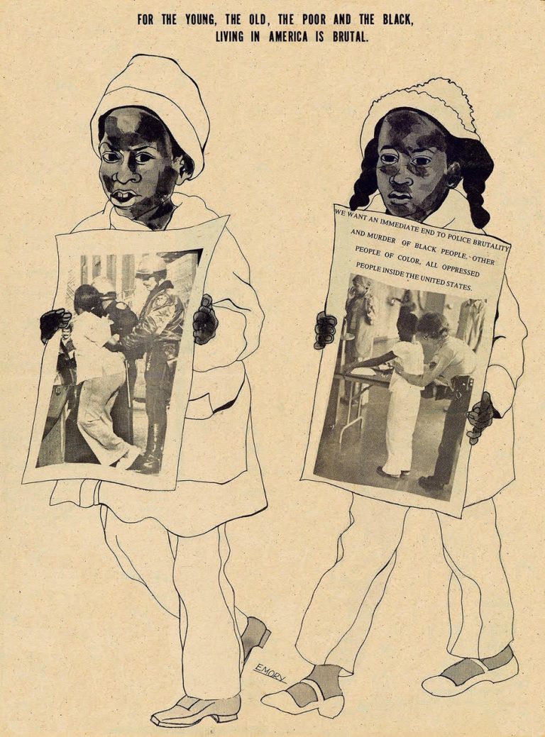 A graphic collage shows and illustration of two Black children holding signs. Above the illustrated figures text reads "For the young, the old, the poor and the Black, living in America is brutal". One holds a sign with a newspaper image of two white police officers arresting a Black woman. Another holds a newspaper image of a small Black child being patted down by a woman police officer with text above that reads "We want an immediate end to police brutality and murder of Black people and other people of color, all oppressed people inside the United States."