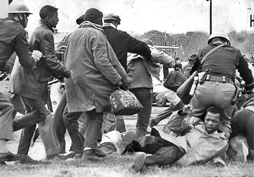 Black protesters are pushed to the ground by white police officers.